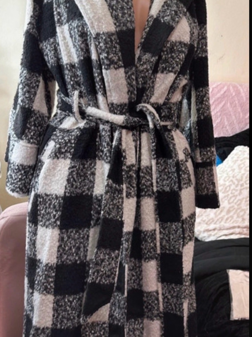 Plaid Plush Shawl-Collar Robe with Self-Tie Waist — Black & White